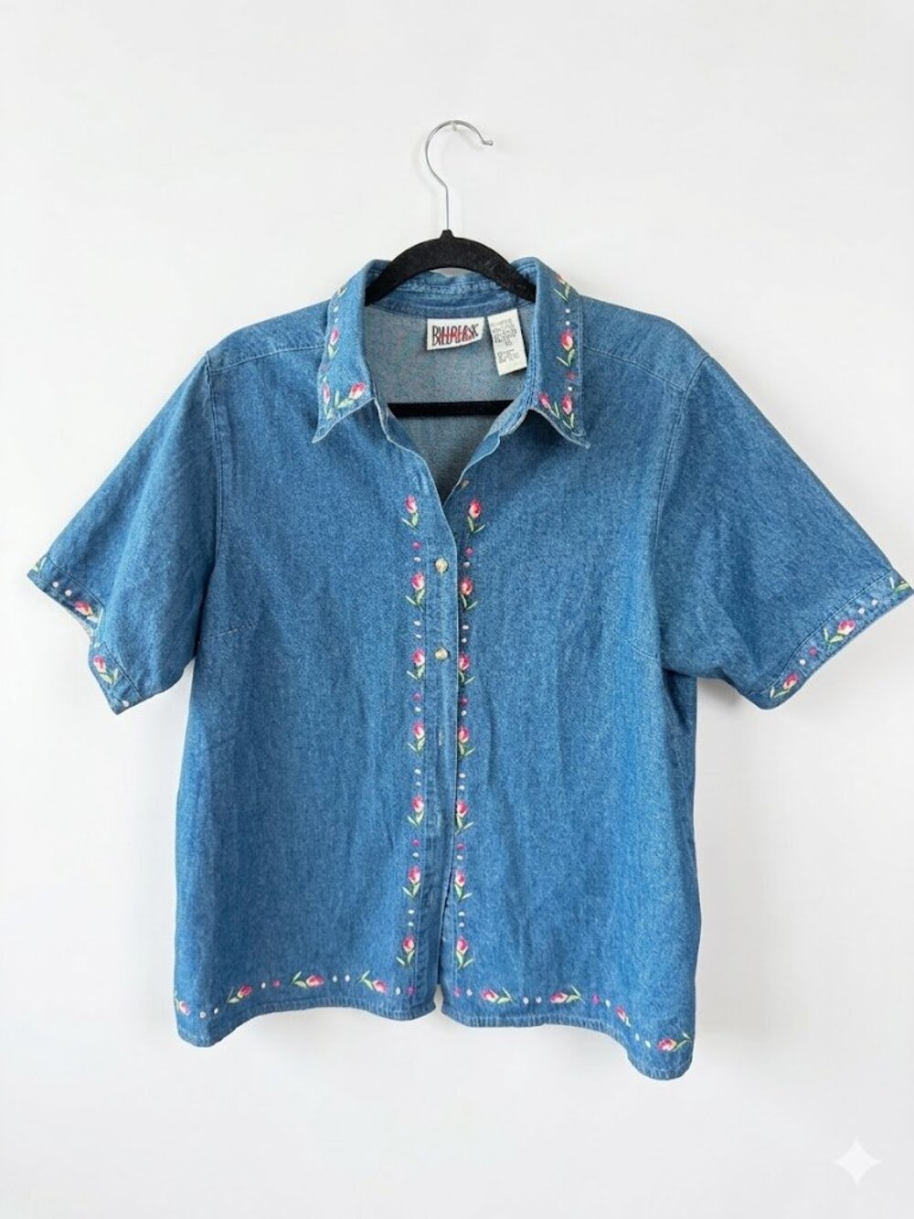 Vintage Bill Blass Woman Jeans Embroidered Denim Shirt 1X Short Sleeve Button Up